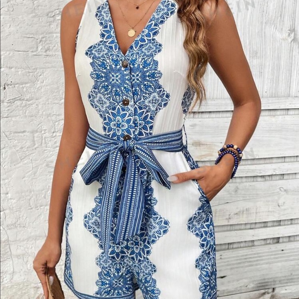 Blue and white romper